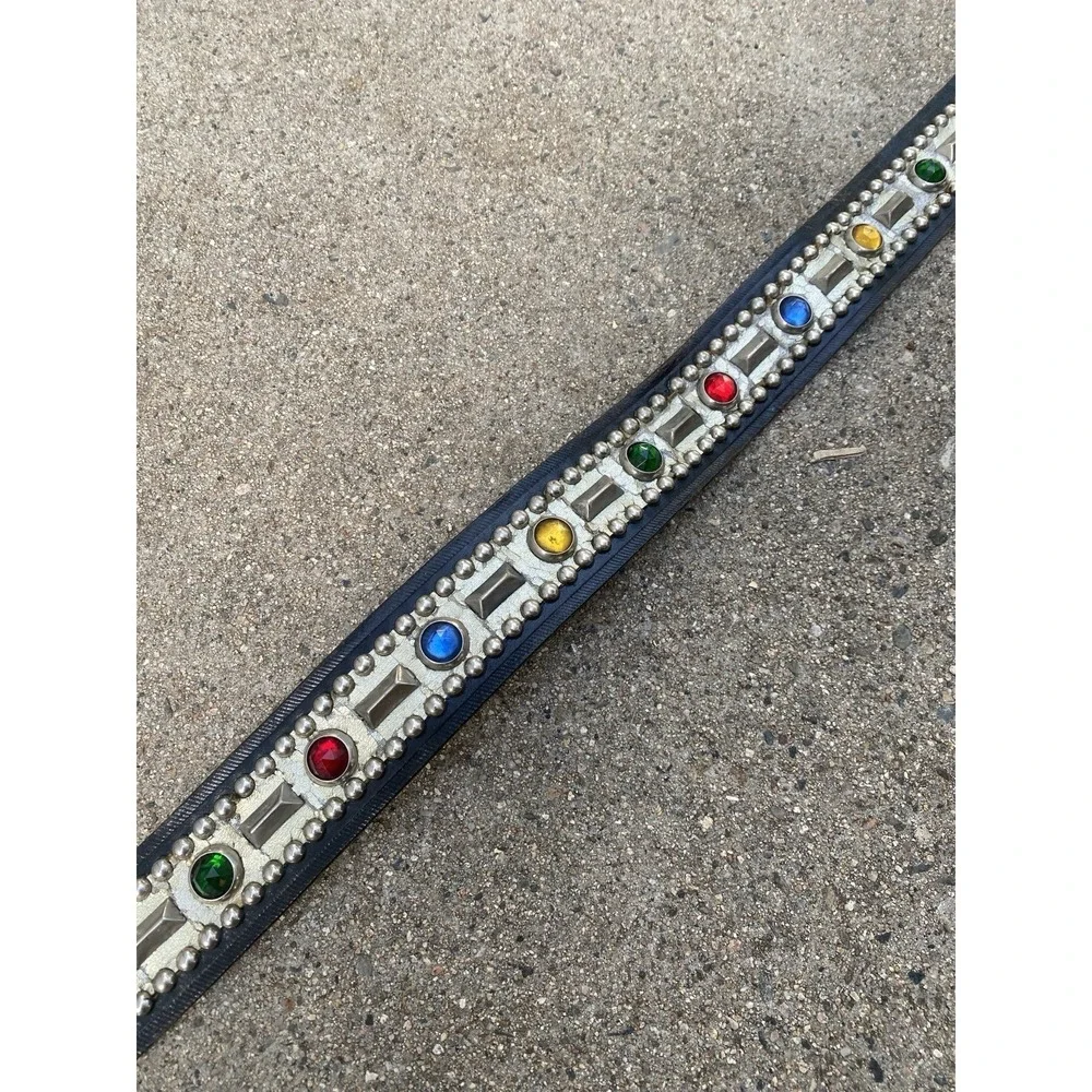 Vintage 40s 50s Studded Jeweled Rockabilly Belt Two-Prong Buckle Leather Black